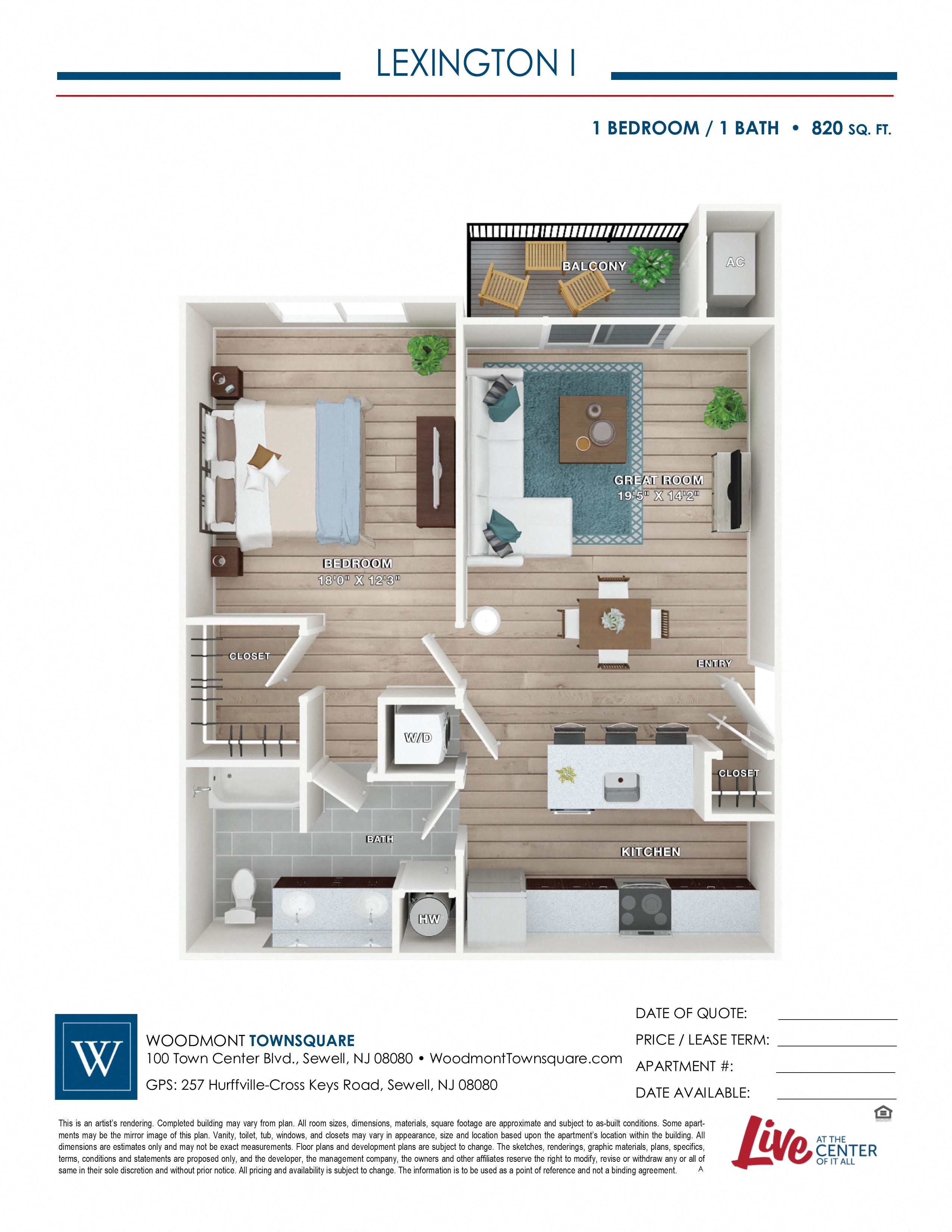 Floor plan for 1 bed, 1 bath, 820 sqft
